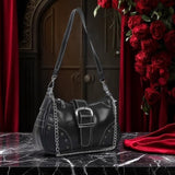 Women's Black Studded Chain Shoulder Bag Silver Buckle Moto Biker Purse NEW