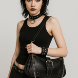 Women's Black Studded Chain Shoulder Bag Silver Buckle Moto Biker Purse NEW