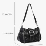 Women's Black Studded Chain Shoulder Bag Silver Buckle Moto Biker Purse NEW