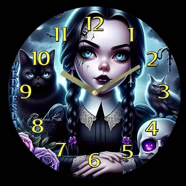 Gothic Girl Wall Clock 8” Silent Acrylic Skull Raven Dark Fairy Home Decor