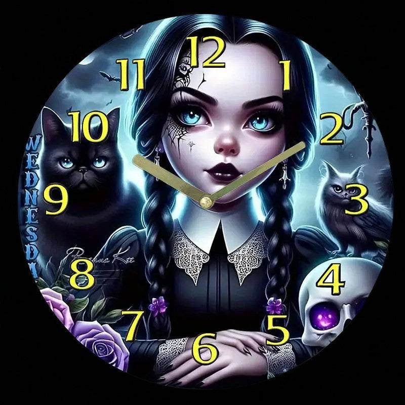 Gothic Girl Wall Clock 8” Silent Acrylic Skull Raven Dark Fairy Home Decor
