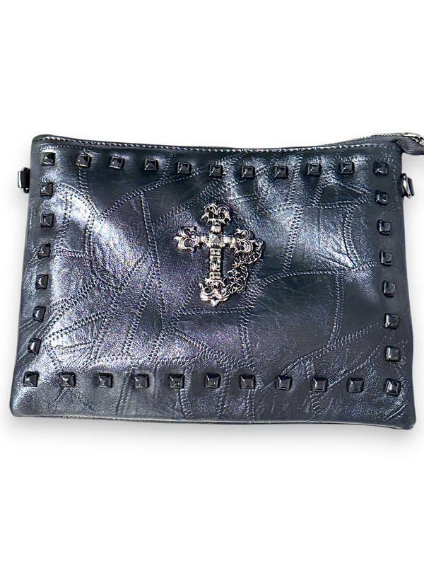 Gothic Black Studded Sheepskin Crossbody Clutch Purse 8.5x11 Patchwork Bag