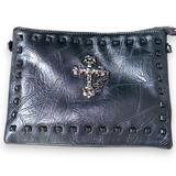 Gothic Black Studded Sheepskin Crossbody Clutch Purse 8.5x11 Patchwork Bag