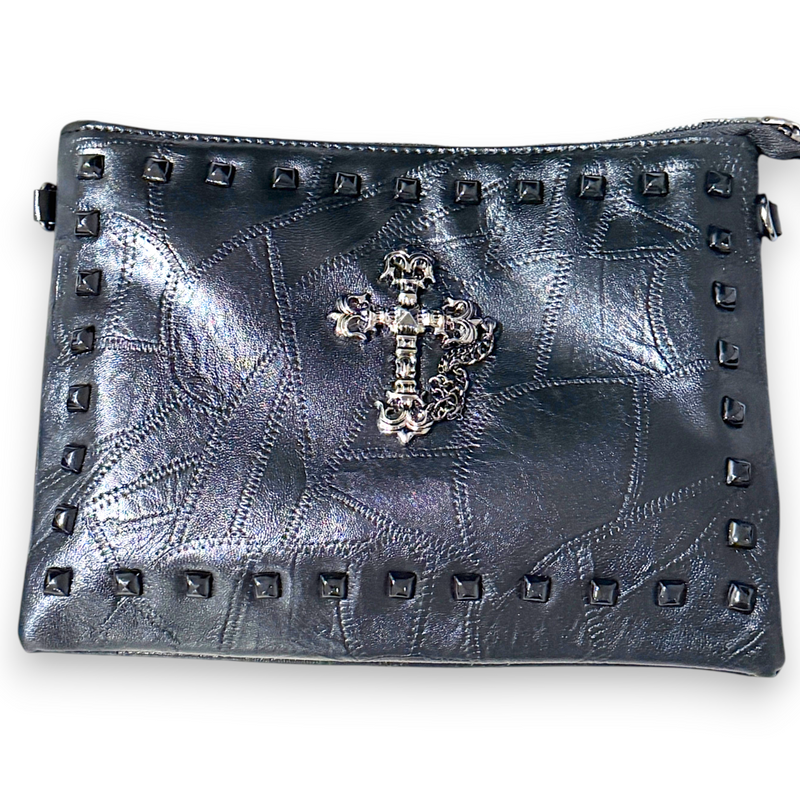 Gothic Black Studded Sheepskin Crossbody Clutch Purse 8.5x11 Patchwork Bag