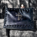 Gothic Black Studded Sheepskin Crossbody Clutch Purse 8.5x11 Patchwork Bag