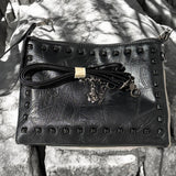 Gothic Black Studded Sheepskin Crossbody Clutch Purse 8.5x11 Patchwork Bag