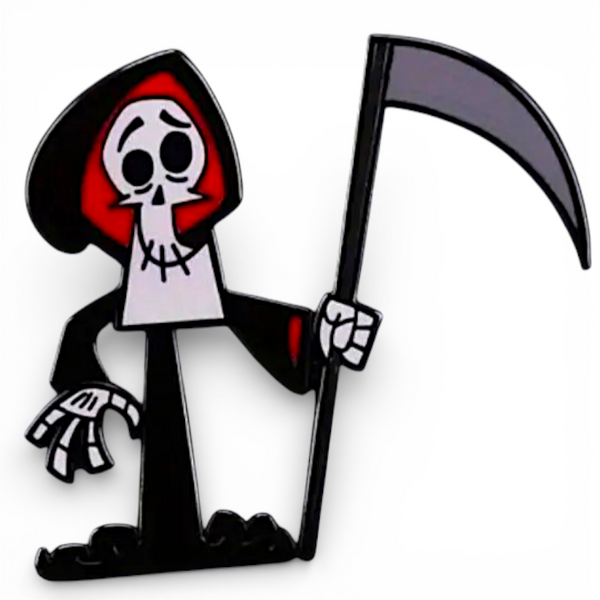 Grim Reaper Enamel Pin – Cartoon Scythe Skeleton Lapel Collectible Badge