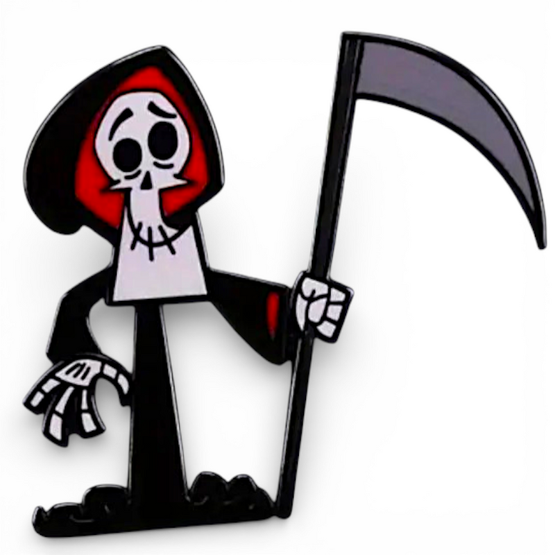 Grim Reaper Enamel Pin – Cartoon Scythe Skeleton Lapel Collectible Badge