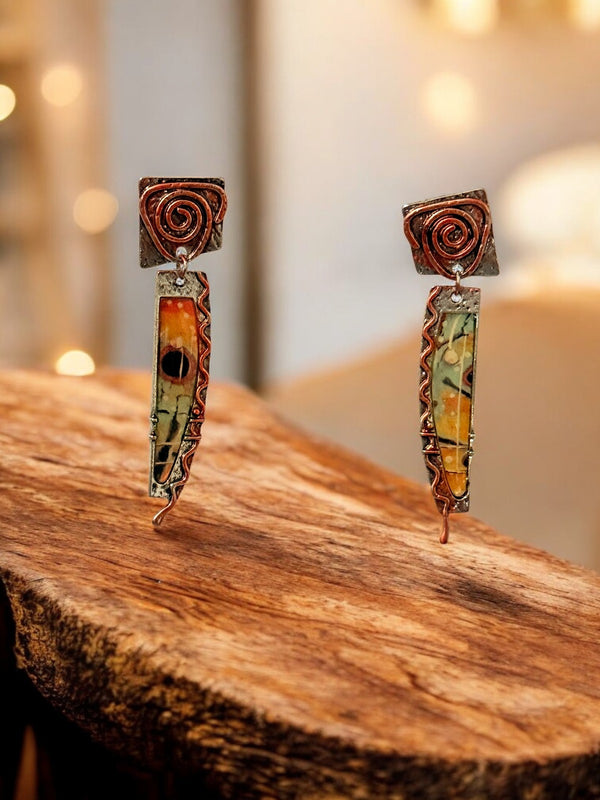 Mixed Metal Art Glass Dangle Earrings Silver Copper Tone 2" Boho Style