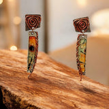 Mixed Metal Art Glass Dangle Earrings Silver Copper Tone 2" Boho Style