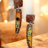 Mixed Metal Art Glass Dangle Earrings Silver Copper Tone 2" Boho Style