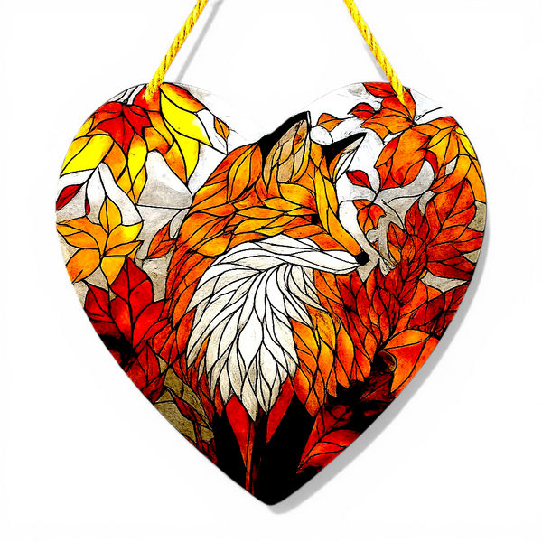Fox Heart Suncatcher Faux Stained Glass Fall Leaves Window Decor 8 Inches