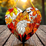 Fox Heart Suncatcher Faux Stained Glass Fall Leaves Window Decor 8 Inches