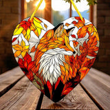 Fox Heart Suncatcher Faux Stained Glass Fall Leaves Window Decor 8 Inches