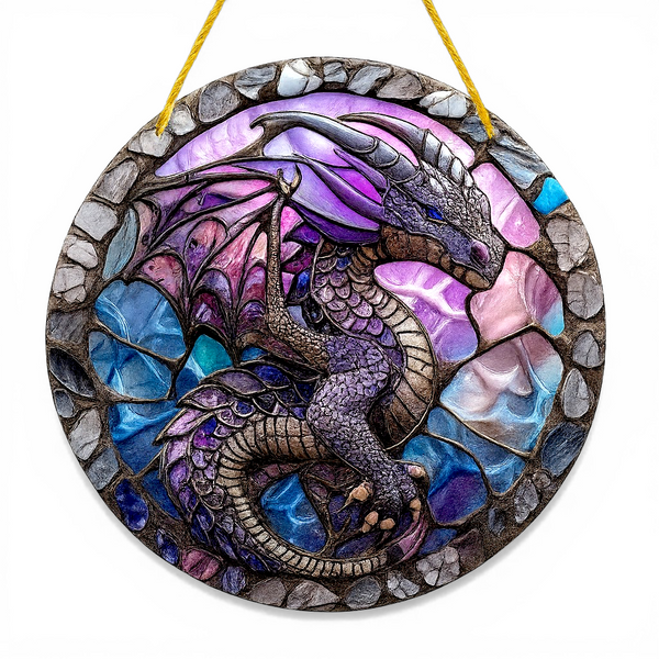 Purple Dragon Suncatcher 8” Faux Stained Glass Fantasy Window Hanging Decor