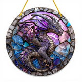 Purple Dragon Suncatcher 8” Faux Stained Glass Fantasy Window Hanging Decor