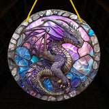 Purple Dragon Suncatcher 8” Faux Stained Glass Fantasy Window Hanging Decor