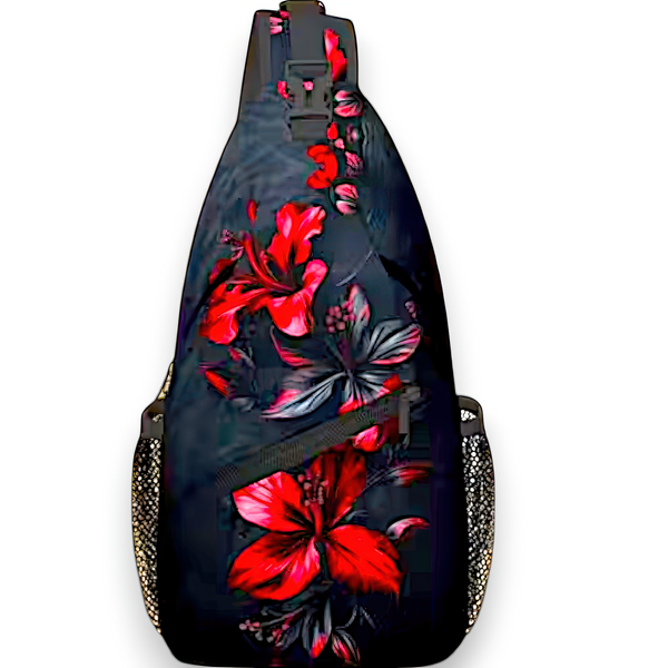 Red Floral Sling Bag 15" Crossbody Chest Backpack with Pockets for Travel