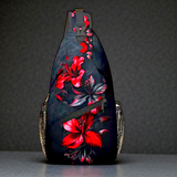 Red Floral Sling Bag 15" Crossbody Chest Backpack with Pockets for Travel