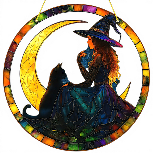 Witch Suncatcher Black Cat Moon Faux Stained Glass 6" Gothic Decor