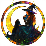 Witch Suncatcher Black Cat Moon Faux Stained Glass 6" Gothic Decor
