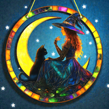 Witch Suncatcher Black Cat Moon Faux Stained Glass 6" Gothic Decor