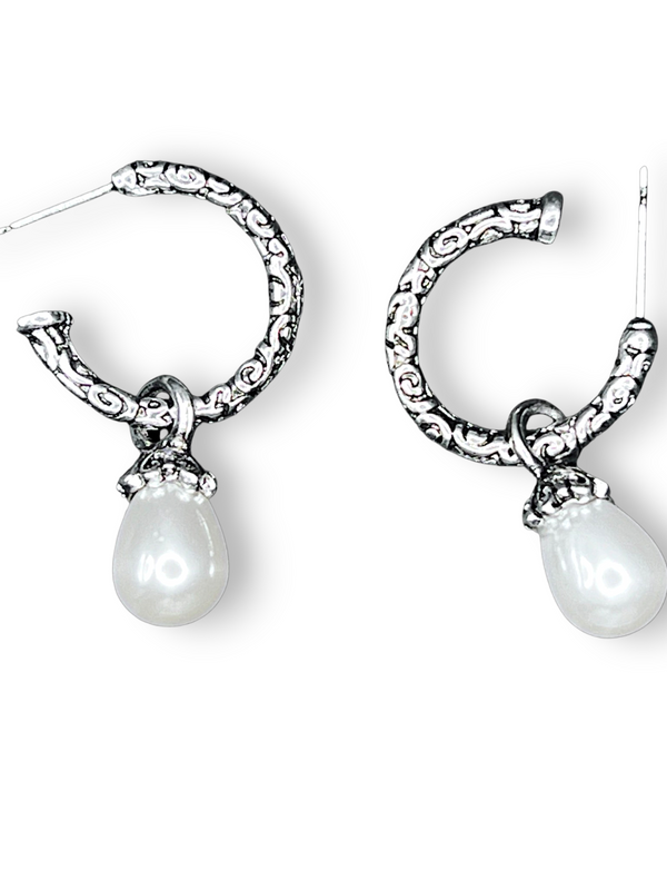 Sterling Silver Hoop Earrings White Teardrop Bead Dangle Vintage Style 1”