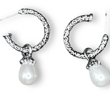 Sterling Silver Hoop Earrings White Teardrop Bead Dangle Vintage Style 1”