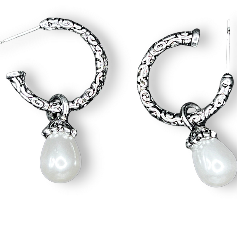 Sterling Silver Hoop Earrings White Teardrop Bead Dangle Vintage Style 1”