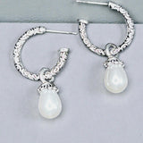 Sterling Silver Hoop Earrings White Teardrop Bead Dangle Vintage Style 1”