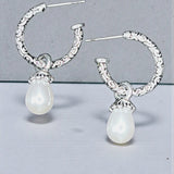 Sterling Silver Hoop Earrings White Teardrop Bead Dangle Vintage Style 1”