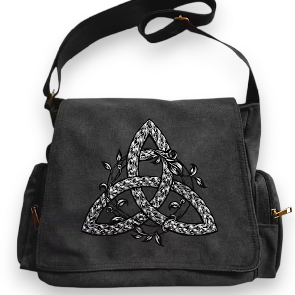 Celtic Triquetra Braided Vine Canvas Messenger Bag Black Crossbody Satchel NEW