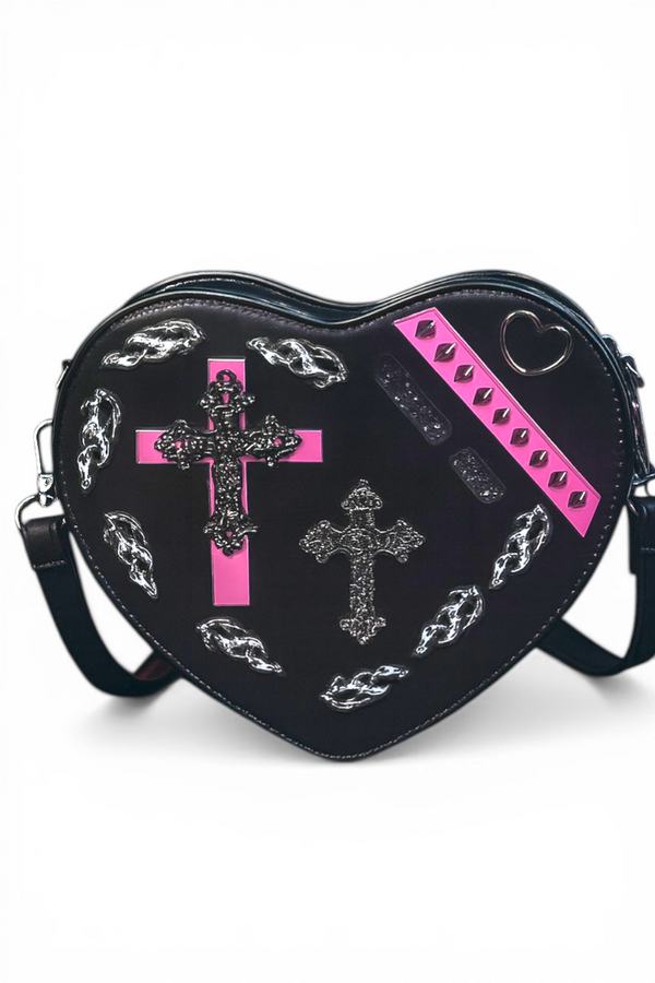 Black Heart Shape Gothic PU Leather Shoulder Crossbody Bag for Women
