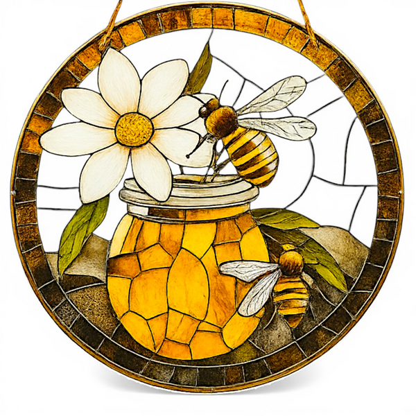 Bee Honey Suncatcher Faux Stained Glass Daisy Window Hanging 8" Decor