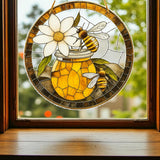 Bee Honey Suncatcher Faux Stained Glass Daisy Window Hanging 8" Decor