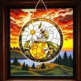 Bee Honey Suncatcher Faux Stained Glass Daisy Window Hanging 8" Decor