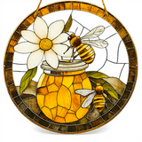 Bee Honey Suncatcher Faux Stained Glass Daisy Window Hanging 8" Decor