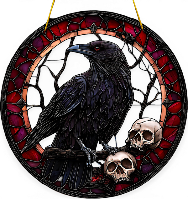 Gothic Raven Skull Suncatcher 8” Faux Stained Glass Crow Window Hanging Decor