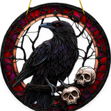 Gothic Raven Skull Suncatcher 8” Faux Stained Glass Crow Window Hanging Decor