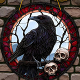 Gothic Raven Skull Suncatcher 8” Faux Stained Glass Crow Window Hanging Decor