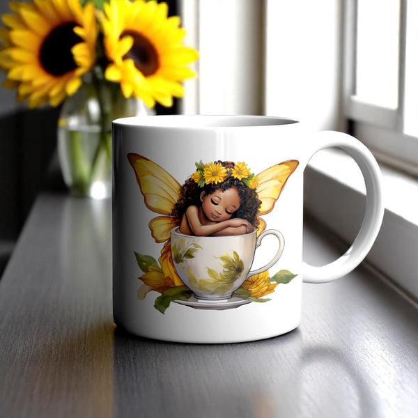 Sunflower Fairy Mug – Sleeping Black Fairy in Yellow Teacup, 11oz or 15oz