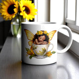 Sunflower Fairy Mug – Sleeping Black Fairy in Yellow Teacup, 11oz or 15oz