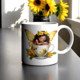Sunflower Fairy Mug – Sleeping Black Fairy in Yellow Teacup, 11oz or 15oz