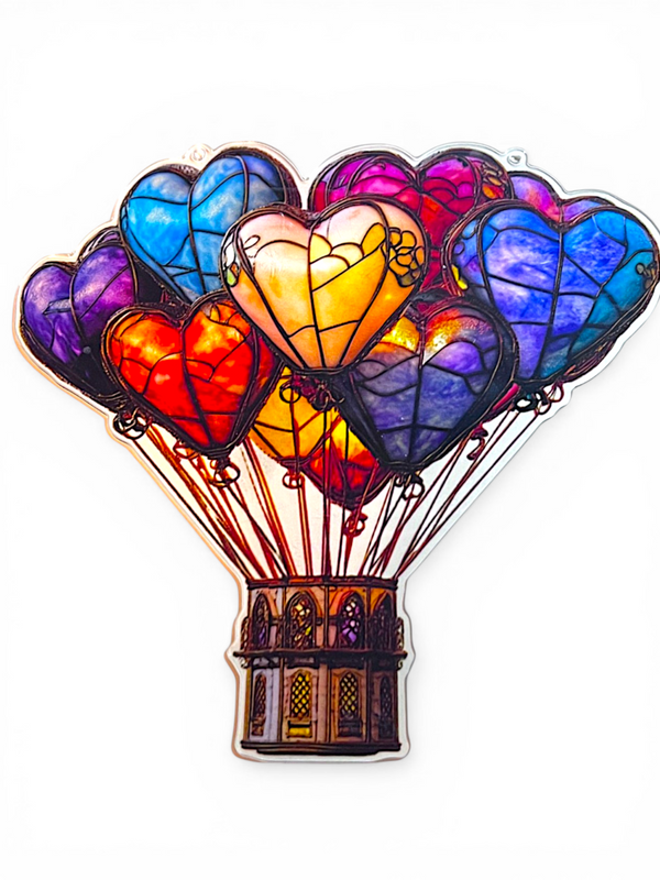 Heart Balloon Faux Stained Glass Acrylic Art Suncatcher – 9in Flat Window Decor