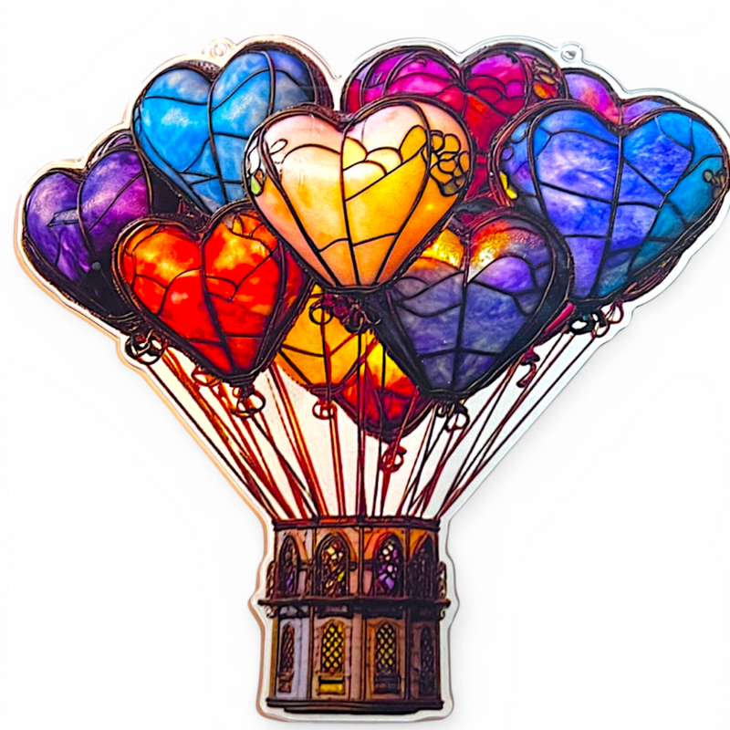 Heart Balloon Faux Stained Glass Acrylic Art Suncatcher – 9in Flat Window Decor