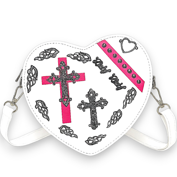 White Gothic Heart Crossbody Bag Pink Cross Studded Punk Y2K Alt Purse