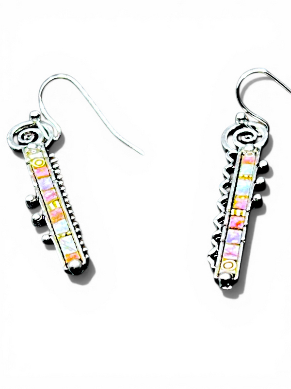 Pastel Inlay Bar Earrings 1in | Silver Tone Dangle Hook Earrings
