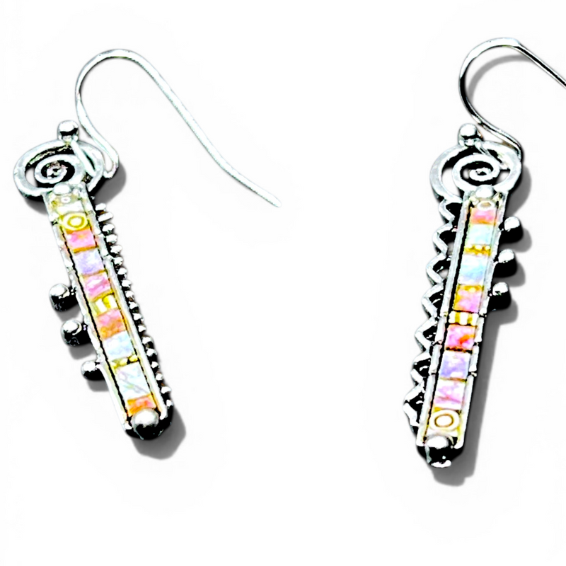 Pastel Inlay Bar Earrings 1in | Silver Tone Dangle Hook Earrings