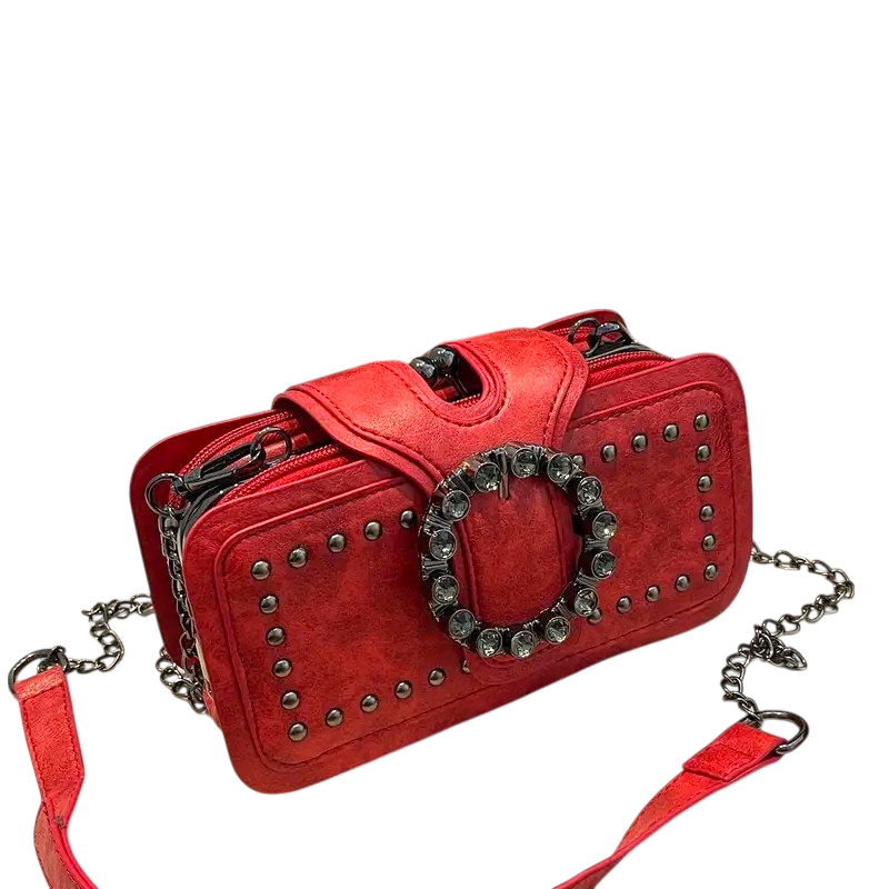 Women’s Retro Rivet Clutch Bag Motorcycle Purse Chain Crossbody