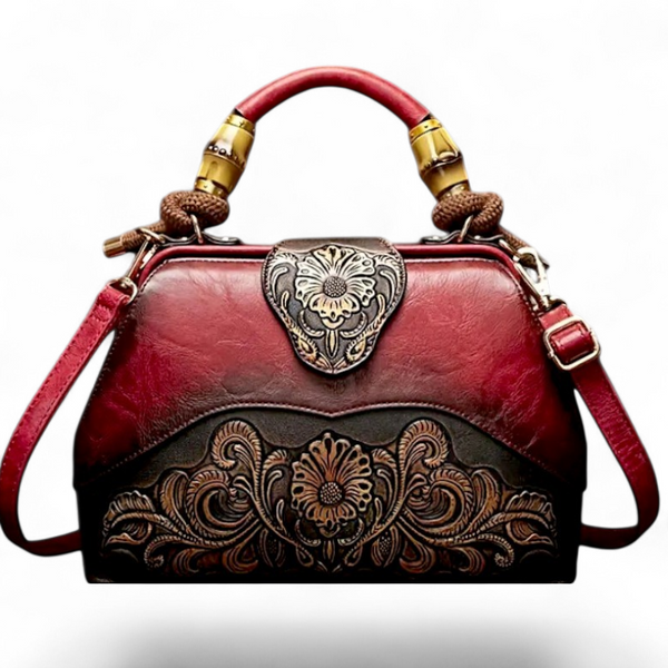 Red Floral Vintage Leather Shoulder Bag Retro with Gold Hardware Accents